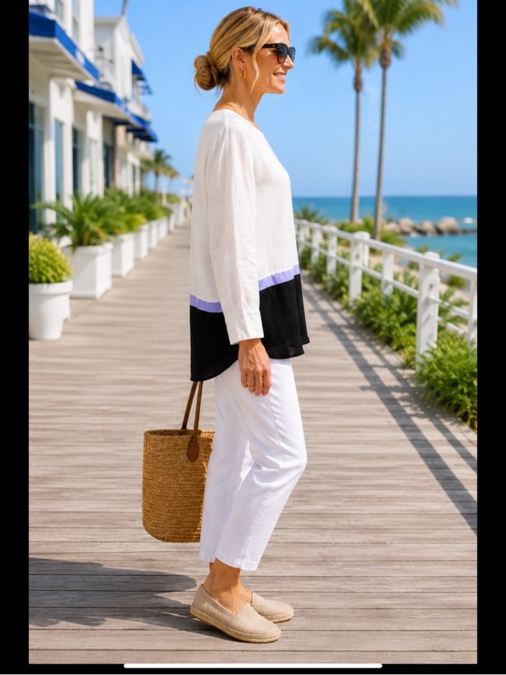 Tyler Boe 100% Linen Colorblock Tunic Blouse White Lavender Navy Size L - Picture 4 of 16